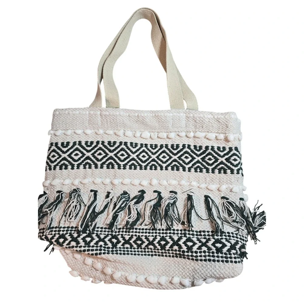 Raj XL Women Woven Cotton Boho Tote Bag Green White Geometric Fringe Pom Pom NEW